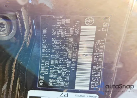 2012 Toyota Camry Base из США, поврежденный, VIN 4T1BF1FKXCU077151